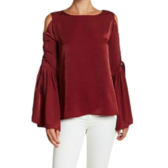 Ro & De Maroon Red Lace Up Bell Sleeve Cold Shoulder Blouse Women's Size Medium - Picture 14 of 15